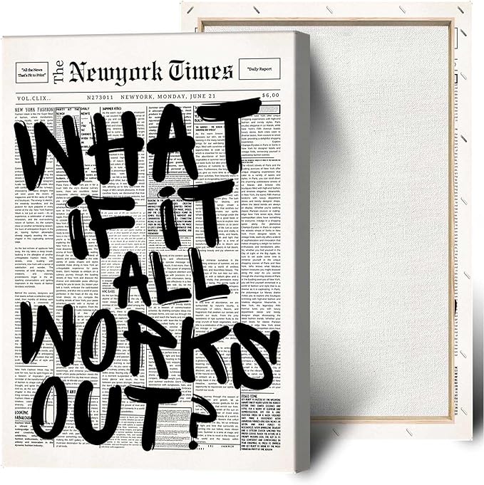 Drimiler Retro Black And White Newspaper Poster What If It All Works Out Canvas Wall Art Positive Affirming Quote Minimalist Prints Painting For Home Bedroom Dorm Wall Decor 8x12in Wframed