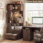 Armocity Corner Bookshelf with Drawers, 7 Tier Corner Book Shelf Display Bookcase, Freestanding L Shaped Bookshelf for Bedroom, Living Room, Home Office, Black Walnut