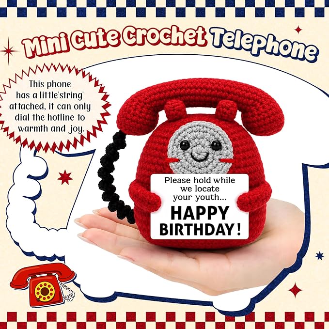 Belatelove Birthday Gifts for Men Women, Handmade Crochet Telephone Doll with Happy Birthday Crad, Funny Gift for Dad, Mom, Best Friend, Coworkers Party & Desk Decor