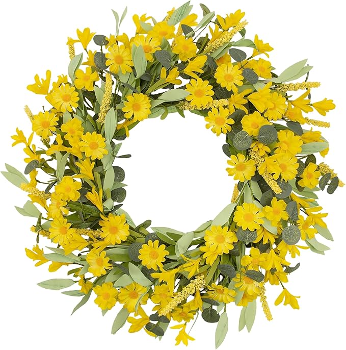 24 Inch Yellow Daisy Wreath, Artificial Spring Summer Wreath with Eucalyptus Leaves, Yellow Forsythia Flowers Front Door Wreath for Indoor Outdoor Home Farmhouse Wall Window Porch Decor