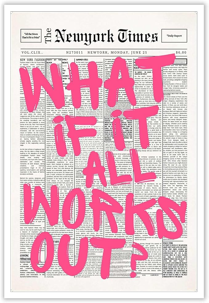 Drimiler Retro Newspaper Pink Font Poster What If It All Works Out Canvas Wall Art Positive Affirming Quote Minimalist Prints Painting For Home Bedroom Dorm Wall Decor 24x36in Unframed