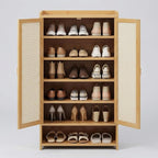 SACSTAR Shoe Storage Cabinet 23.6" L x 12.6" W x 36.6" H Compact Entryway Shoe Rack with 2 Doors & 5 Shelves, Natural Bamboo & Rattan Design Ideal Shoe Organizer for Small Spaces