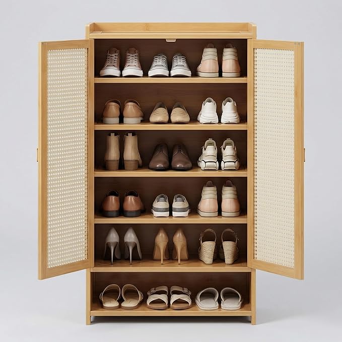 SACSTAR Shoe Storage Cabinet 23.6" L x 12.6" W x 36.6" H Compact Entryway Shoe Rack with 2 Doors & 5 Shelves, Natural Bamboo & Rattan Design Ideal Shoe Organizer for Small Spaces