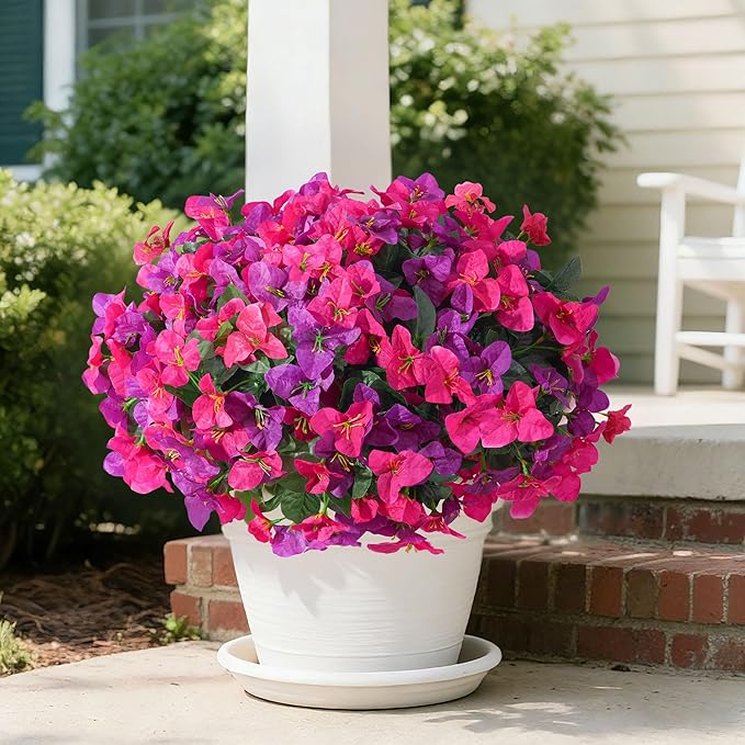 Faux Bougainvillea Artificial Flowers Plants for Outdoors Spring Decor, 4 Bundles Realistic Bougainvillea UV Resistant Faux Flowers for Outdoor Planters Porch Patio Window Garden Home, Fuchsia