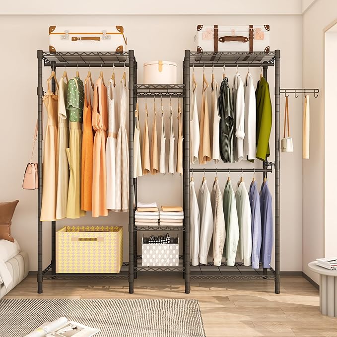 Heavy Duty Garment Rack, Portable Wardrobe Clothes Rack Freestanding Adjustable Clothing Rack with 7 Tiers Adjustable Wire Shelving and 4 Hanger Rods, Max Load 920LBS