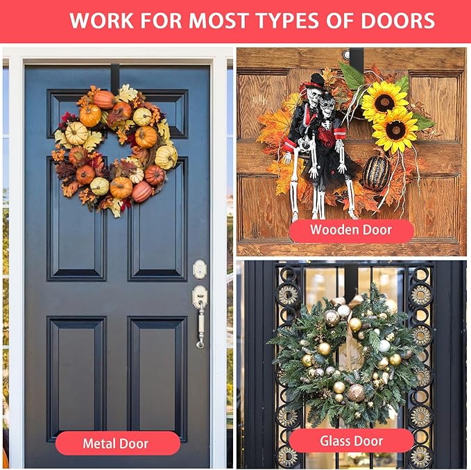 15” Wreath Hanger Over the Door Hooks, Non Scratch Wreath Door Hanger Hooks for Hanging Welcome Sign, Metal Wreath Hangers for Front Door Décor, Thin Door Hanger for Easter Halloween Home Decoration