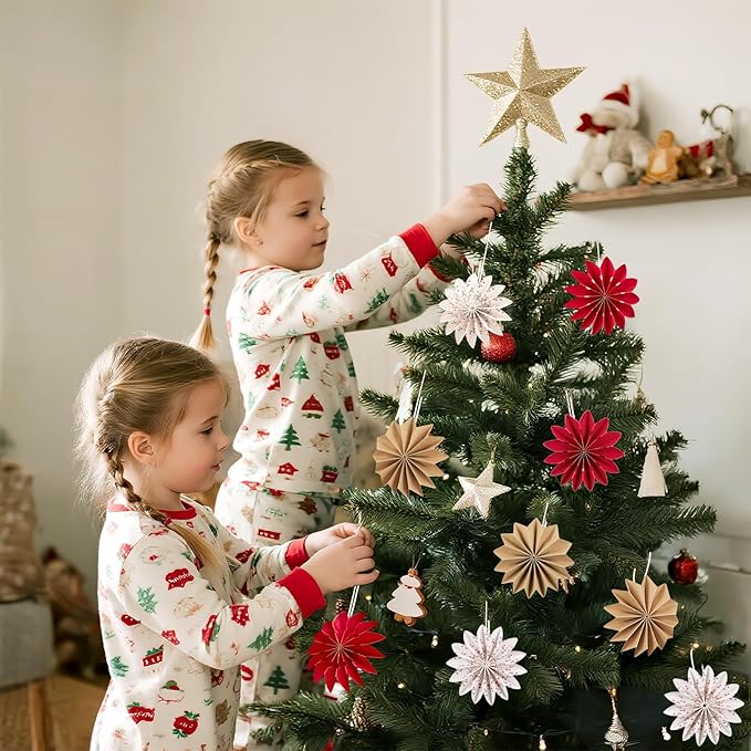 EASY JOY Christmas Hanging Decorations-9Pcs Small Christmas Paper Ornaments 3D White Red Brown Snowflake Ornaments Xmas Tree Decorations Outdoor Indoor for Xmas Boho New Year Home Decor
