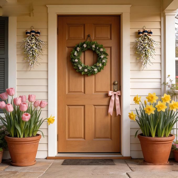 Forsythia Spring Teardrop Swag, 2Pcs Artificial Spring Summer Floral Hanging Swags with Bow for Door Wall Mantel Window Wedding Home Decor (White)