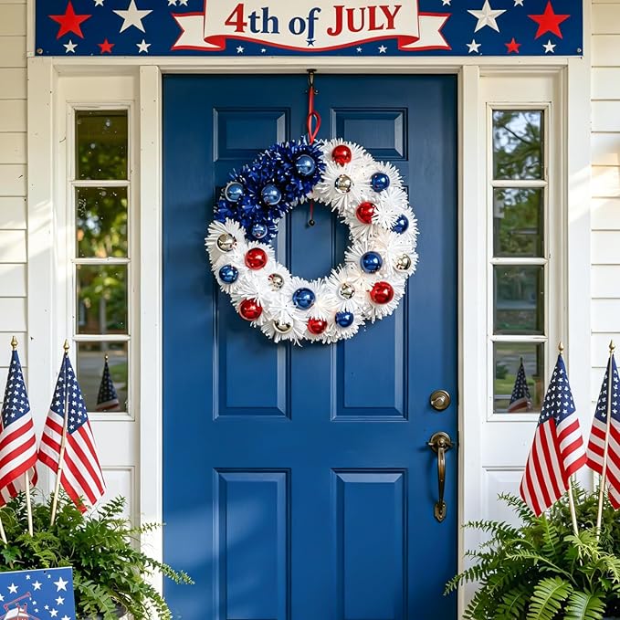 Patriotic Wreath 18 Inch American Flag Wreath for Front Door, Americana Plated Ball Red White and Blue with Stars Decor for 4th of July Memorial Day Veterans Day