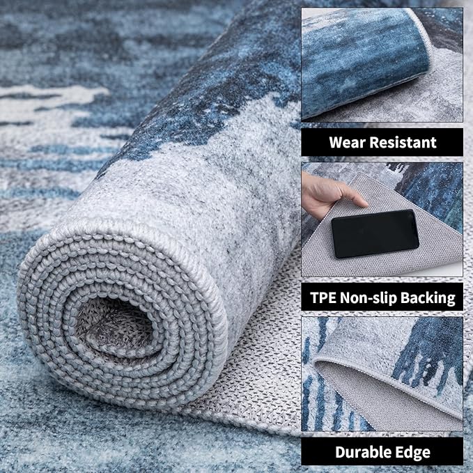 Ciicool 2x7 Washable Runner Rug, Modern Abstract Hallway Rugs Runner, Non-Slip Thin Accent Rug Lightweight Navy Grey Print Distressed Carpet for Kitchen Laundry Entryway Bedroom Indoor
