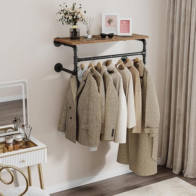 Clothes Rack with Top Shelf, 29.1in Industrial Pipe Wall Mounted Garment Rack, Space-Saving Display Hanging Clothes Rack, Heavy Duty Detachable Multi-Purpose Hanging Rod for Closet Storage
