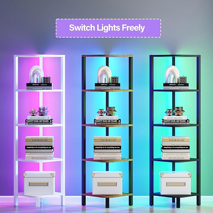 TUTOTAK Corner Shelf with LED Light, 5-Tier Corner Bookshelf for Small Space, Narrow Display Corner Shelf Stand with Storage Rack, for Living Room, Bedroom, Black BS08BK005L