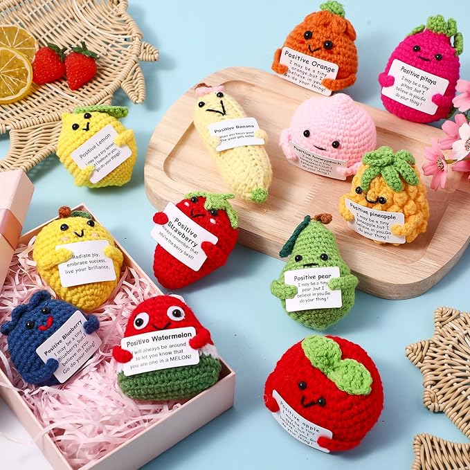 HunnmingRe 12 Pcs Cute Crochet Doll with Positive Card Soft Wool Animals Creative Knitting Dolls for Positive Support Inspirational Birthday Encouragement Gift(Fruit Style)