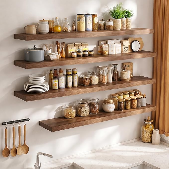 FLYJOE 24 Inch Long Floating Shelves for Wall Set of 2, 12" D Wood Grain Bathroom Shelves with Invisible Brackets, Easy Install Engineered Wood Storage Shelves for Kitchen, Living Room, Bedroom