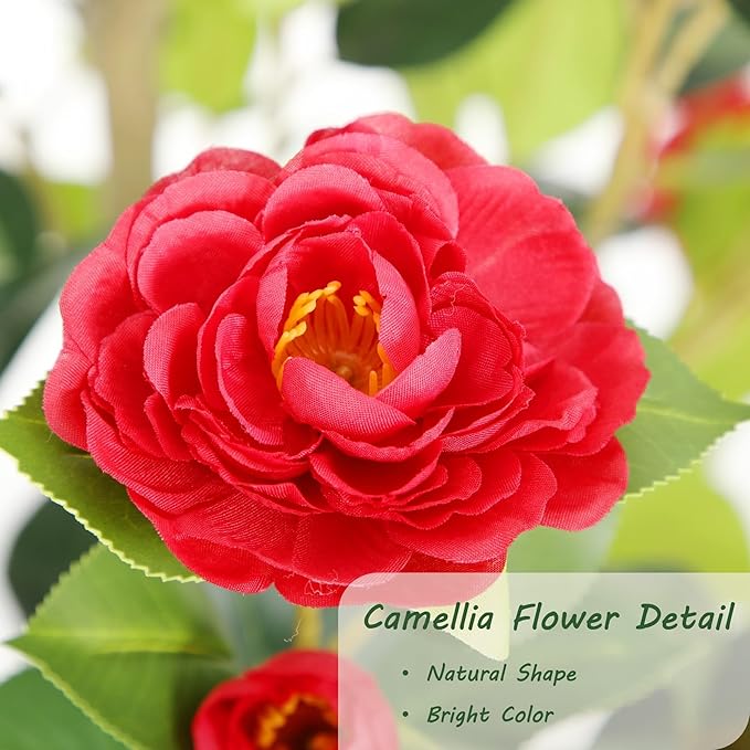 Bellacat 5ft Artificial Camellia Tree with Silk Red Flowers, 60in Faux Camellia Plant with Lifelike Trunk, Fake Flower Tree Potted Front Door Plants for Porch Patio Deck Living Room Decor, 2Pack