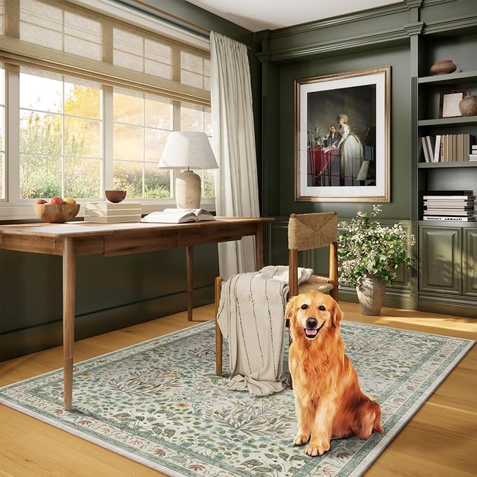 Vintage Washable Area Rug 4x6, Beige & Blue Low Pile Non-Slip Stain Resistant, Distressed Retro for Bedroom Under Bed, Living Room, Nursery, Kitchen & Entryway