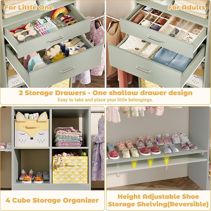 Closet System - 8FT Closet Organizer System with Wooden Drawers, 96" Closet Systems for Walk-In Closets with Cuttable Hanging Shelving, Green