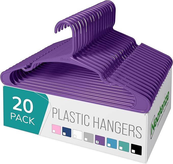 NEATERIZE Clothes Hangers Plastic 20 Pack For Adults - Plastic Hangers, The Perfect Coat Hanger and Space Saving Clothes Hangers for Closet, Percheros Ganchos para Colgar Ropa Hangars - Purple Hangers