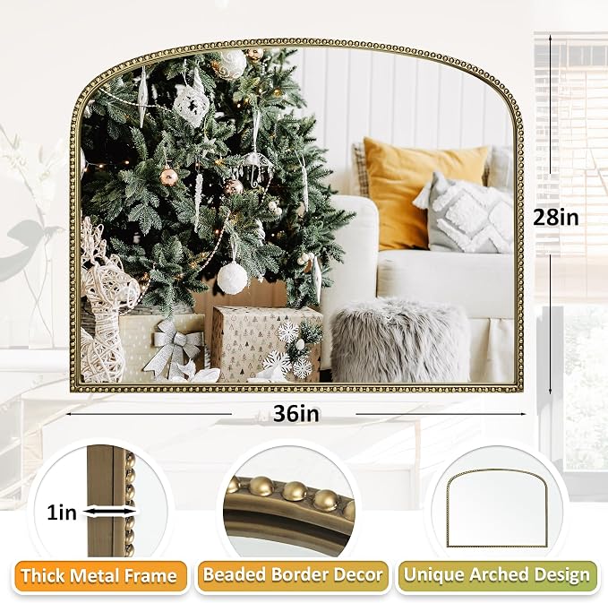 Antique Gold Arched Wall Mirror - 36"x28" with Metal Beaded Frame | Decorative Accent Mirror for Fireplace, Bedroom, Living Room, Dresser, Mantle