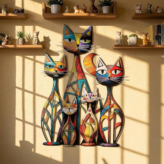 Wesiti Cat Wall Art Decor Iron Wall Sculptures Decor for Cats Lover 10.6 x 15.7 Inches Colorful Retro Mid Century Cat Signs for Home Living Room Bedroom Kitchen Office(Novel)