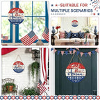 July Fourth Memorial Day Decorations Sign for Front Door Independence Day Patriotic Wreath Welcome Hanging Plaque God Bless America Round Wooden Hanger for Memorial Outdoor Decor 12”x 12”