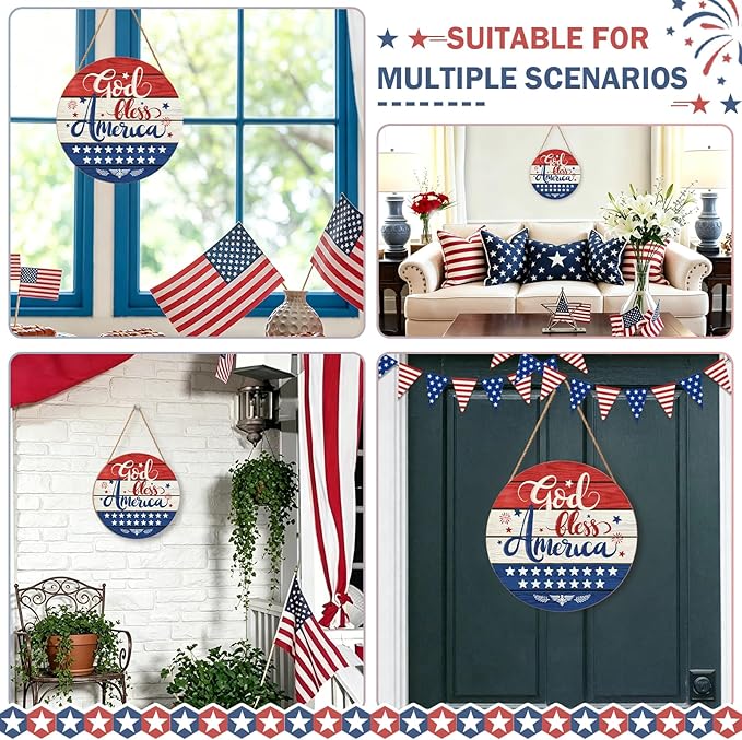 July Fourth Memorial Day Decorations Sign for Front Door Independence Day Patriotic Wreath Welcome Hanging Plaque God Bless America Round Wooden Hanger for Memorial Outdoor Decor 12”x 12”