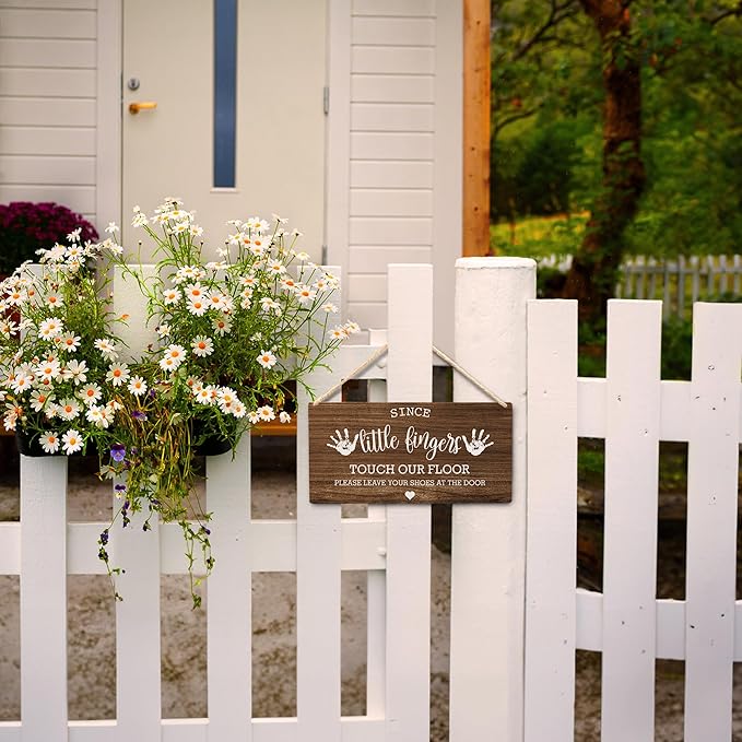 Wall Pediments Shoes Off Sign,Shoes Off Sign for Front Door,Since Little Fingers Touch Our Floor Door Sign,Shoes Off Hanging Welcome Sign for Front Door,10x8 Inches，Wood Grain-5