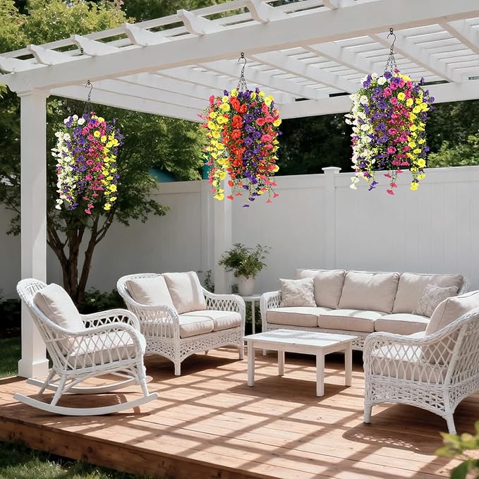 Homsunny Artificial Fake Hanging Flowers Plants Baskets for Outdoor Spring Decoration, Faux Morning Glory Silk Flower for Outside Realise UV Resistant Patio Yard Porch Balcony Home Decor (Mixed 1)