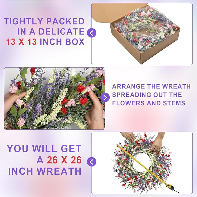 LZNPA 26 Inch Large Lavender Wreath for Front Door Greenery Summer Spring Wreaths for Front Door Wreaths for Front Door All Seasons for Wedding Farmhouse Wall Porch Window Decor(Red Pink Lavender)
