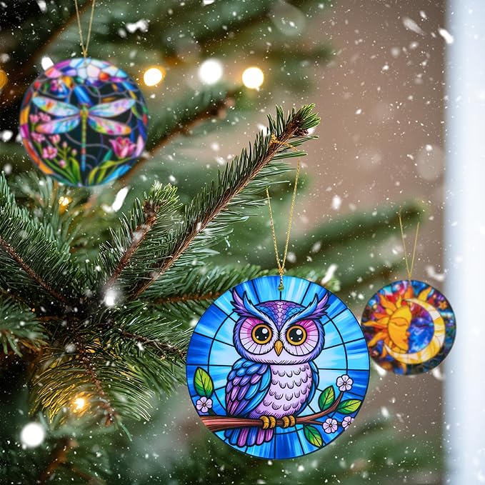 Owl Christmas Ornaments 2025 Stained Glass Effect Acrylic Hanging Gift, for Women, Owl Ornaments for Tree Windows, Ornaments for Christmas Trees Holiday Gifting, Thanksgiving Gift