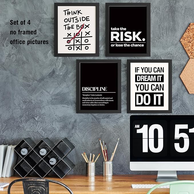 DSHFG Inspirational Office Motivational Wall Art Decor Prints Set of 4, Black Motivational Wall Decor Trendy Retro Posters for Office Home Decor, 12x16 Unframed