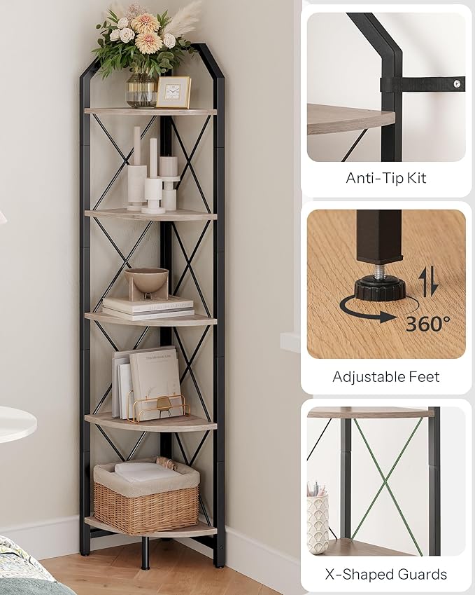 CHOEZON 5-Tier Corner Shelf, Industrial Corner Bookshelf, 59.4" Corner Storage Stand, Plant Stand Display Shelf, Corner Bookcase for Bedroom, Living Room, Home Office, Greige and Black TCJ10BG