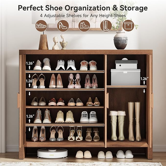 ONBRILL Shoe Cabinet with 3 Doors, 30 Pairs Shoe Storage Cabinet with Adjustable Shelves & Ventilation Hole Design, 47'' Wide Shoe Rack Shoe Organizer Cabinet for Entryway Living Room (Vintage Brown)