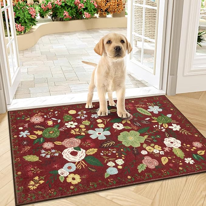 U'Artlines Colorful Floral Indoor Door Mat Entrance Rug 2'x3'Soft Non Slip Machine Washable Red Christmas Area Rug Small Carpet for Entryway Kitchen Bathroom Bedroom (Red)