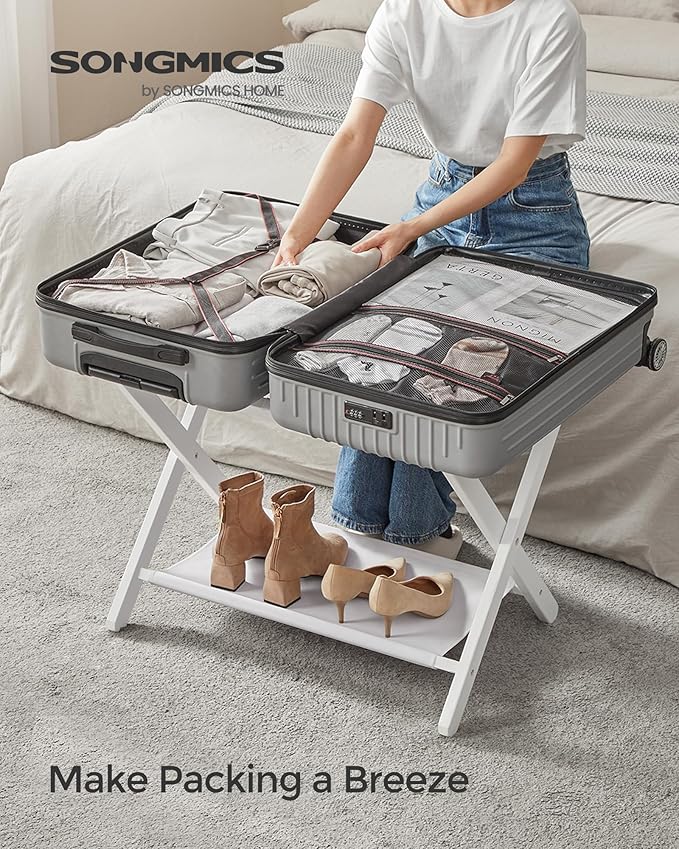 SONGMICS Luggage Rack, Folding Suitcase Stand with Storage Shelf, for Guest Room, Hotel, Bedroom, Heavy-Duty, Holds up to 131 lb, Classic White URLR007W01