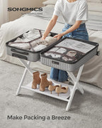 SONGMICS Luggage Rack, Folding Suitcase Stand with Storage Shelf, for Guest Room, Hotel, Bedroom, Heavy-Duty, Holds up to 131 lb, Classic White URLR007W01