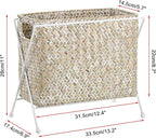 BTSKY Handwoven Magazine Holder, Natural Seagrass Magazine Basket with Metal Rack, Mail Holder Floor Organizer for Office, Living Room, Dorm, Bathroom, Woven Rattan File Basket with Handle (White)