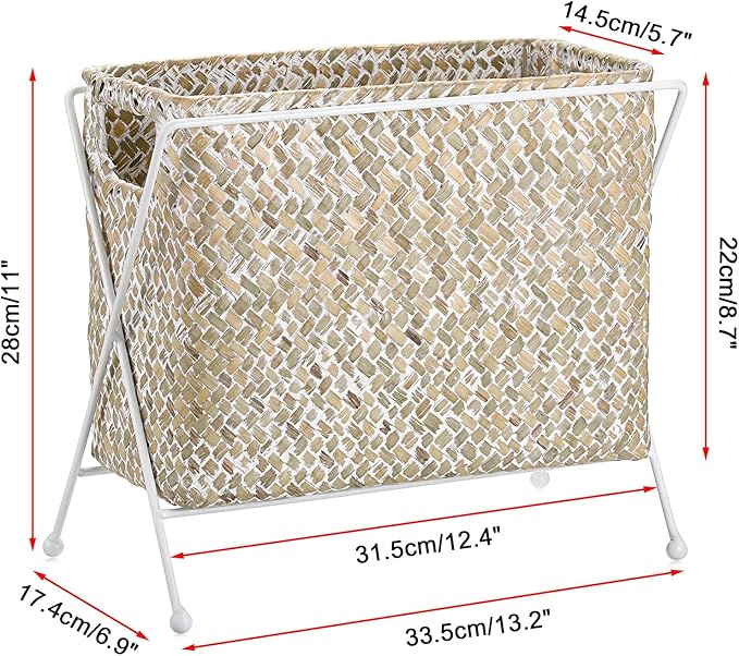 BTSKY Handwoven Magazine Holder, Natural Seagrass Magazine Basket with Metal Rack, Mail Holder Floor Organizer for Office, Living Room, Dorm, Bathroom, Woven Rattan File Basket with Handle (White)