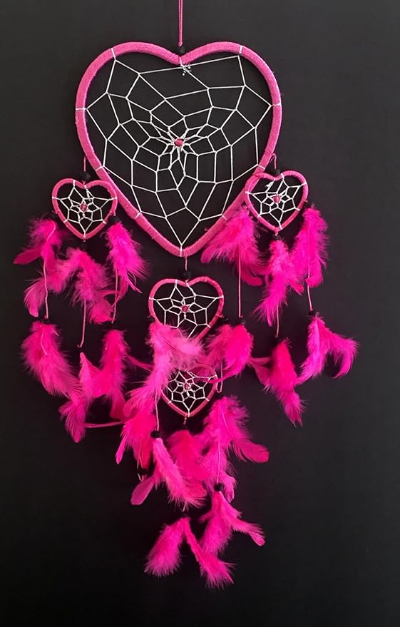OMA Dream Catcher - Hand Made Feather Dream Catcher Heart Shaped with Crystal Beads - 7" Diameter & 24" Long - Valentine's Day