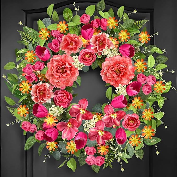 ICX 24 Inch Spring Wreaths for Front Door, Large Spring Summer Outdoor Door Wreath with Pink Peony Tulip Orchid, All Seasons Floral Wreath for Farmhouse Wall Porch Window Home Decor