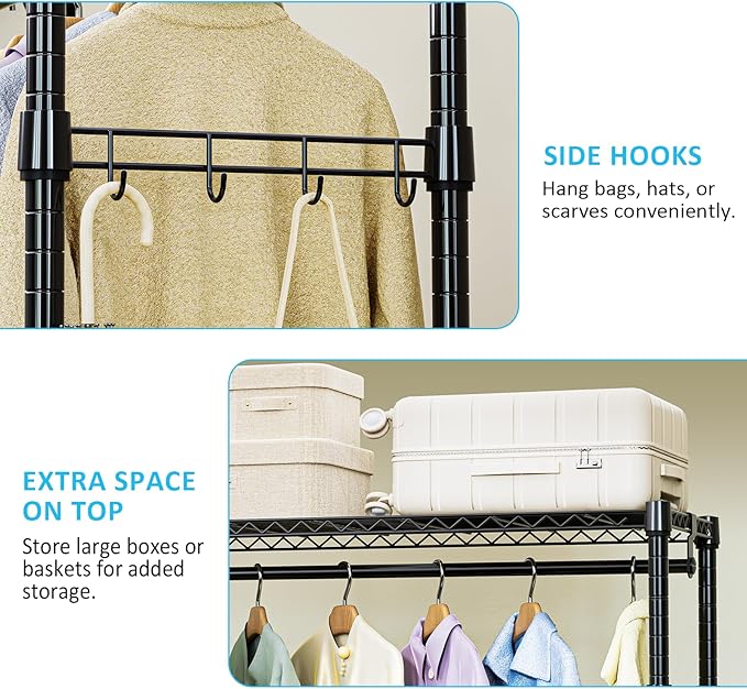 IZEUK Heavy Duty Rolling Garment Rack Wire Clothes Rack for Hanging Clothes (Black, 3 Tier with 2 Rod, 29.5" W x 15.7" D x 75" H)