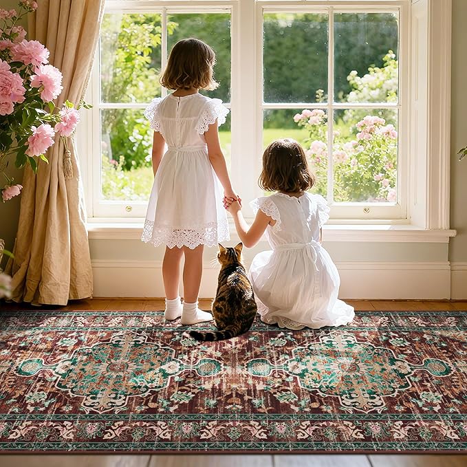 U'Artlines 3' x 12' Boho Hallway Runner Rug, Rust Non Slip Washable Vintage Farmhouse Accent Rug Carpet for Kitchen Entryway Laundry and Living Room (Rust＆Teal)