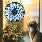 Stained Glass Suncatcher, Blue White Multi-Petal Flowers Sun Catcher Landscape Stain Glass Window Hanging Decoration Mother's Day Birthday Gifts for Women Men Mom Nana 7.8 in