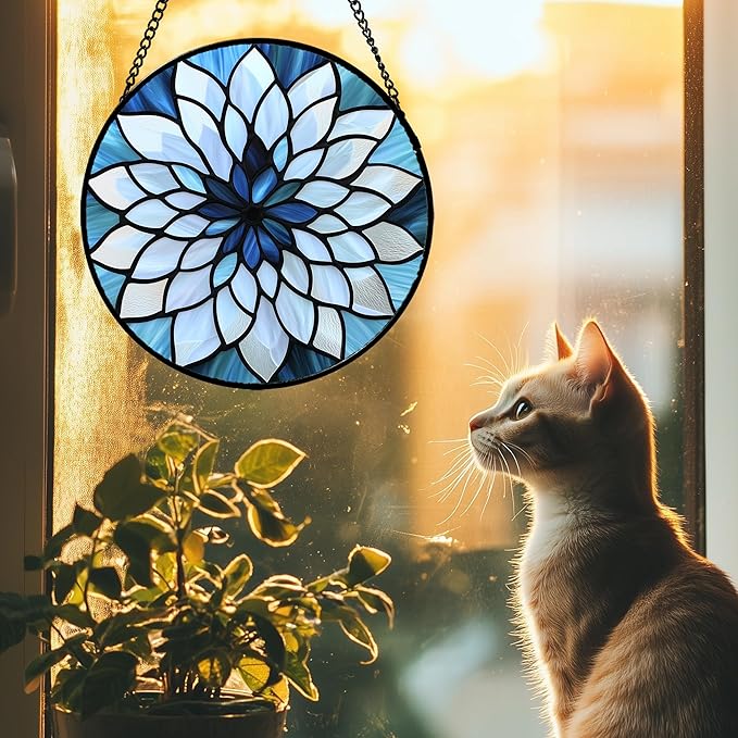 Stained Glass Suncatcher, Blue White Multi-Petal Flowers Sun Catcher Landscape Stain Glass Window Hanging Decoration Mother's Day Birthday Gifts for Women Men Mom Nana 9.8 in