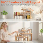 HOMESTEAD 3-Tier Bamboo Corner Shelf Organizer, 90° or 180° Layout Countertop Organizer for Kitchen, Bathroom, Coffee Bar, Spice Rack, Space Saving Storage Shelves, Adjustable Leveling Feet