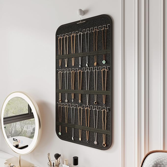 Hanging Jewelry Organizer Storage, 40 Pockets 36 Hooks Necklace Earring Necklace Bracelet Ring Organizer, Double - Sided Design, Black