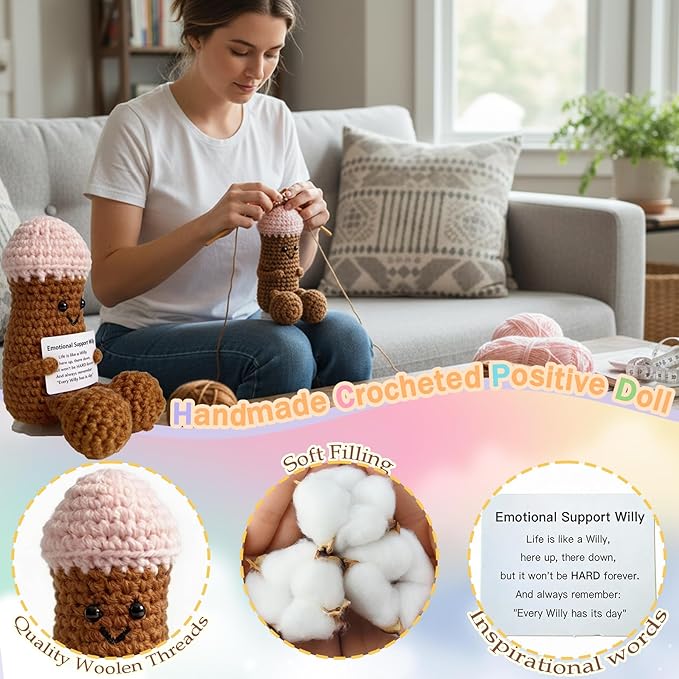 Funny Positive Crochet Animals Gag Doll Emotional Support Stuffed plushies for Men and Women Friends, Weird Things Motivational Office Decor Valentine‘s Day Gifts (Emotional Willy)
