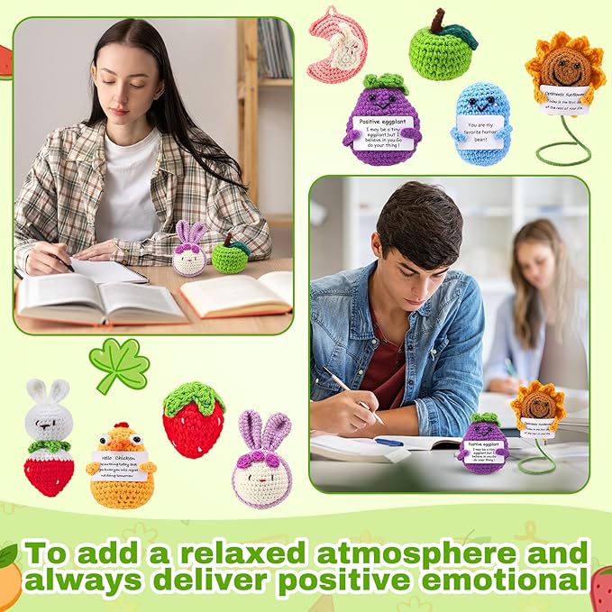 VioraWhite 18 Pcs Positive Crochet Animal Fruit Sunflower Emotional Dolls Bulk Encouragement Emotional Knitted Gifts with Positive Words for Friends Coworker Decorations for Home Office