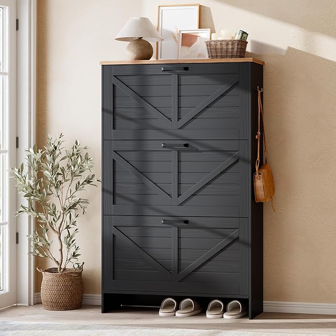 Nicetree Barn Door Shoe Cabinet for Entryway - Modern Farmhouse Shoe Storage Cabinet with 3 Flip Drawers - Slim Hidden Shoe Organizer, 3-Position Adjustable Divider, Fits Size 13, Brushed Black