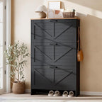 Nicetree Barn Door Shoe Cabinet for Entryway - Modern Farmhouse Shoe Storage Cabinet with 3 Flip Drawers - Slim Hidden Shoe Organizer, 3-Position Adjustable Divider, Fits Size 13, Brushed Black